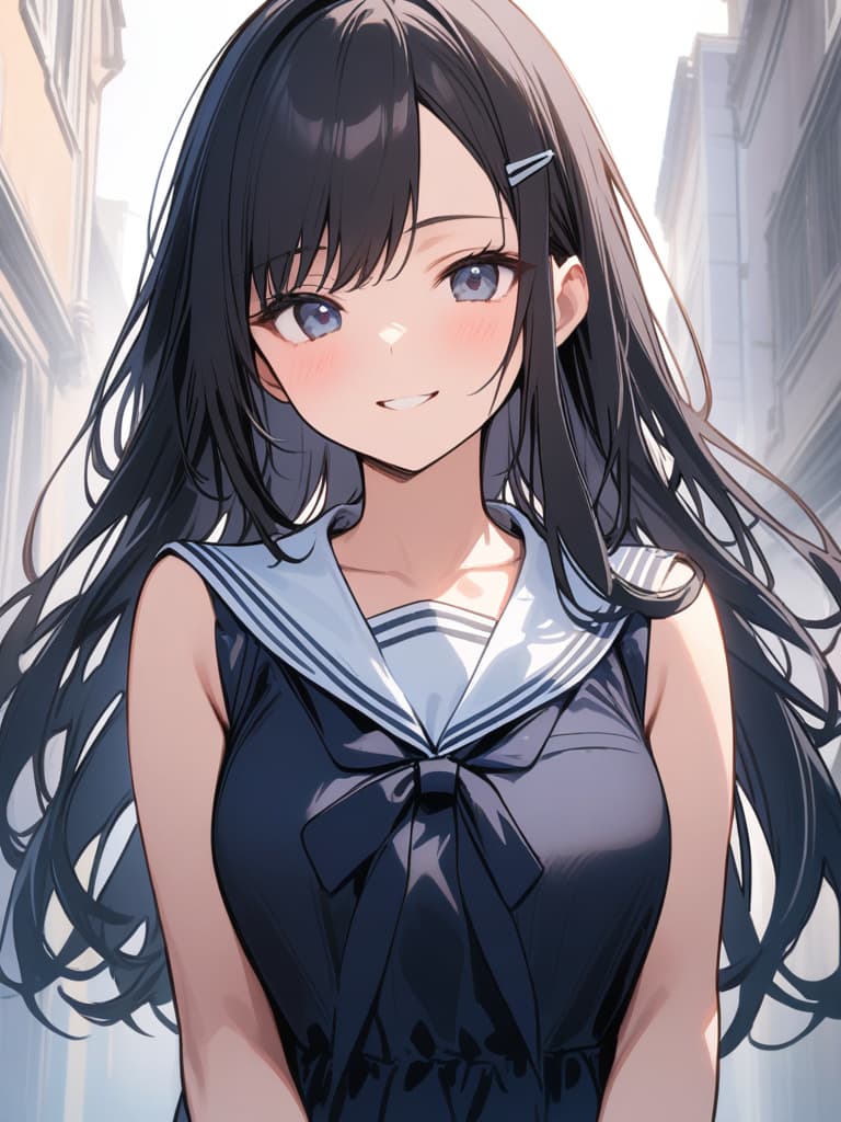  ultra detailed:1.2,masterpiece:1.2,best quality,masterpiece,bestquality,hdr:1.1,8k:1.1,very cute girl:1.3,(((off center part hair,black hair:1.5))),forehead:1.1,((hair clip:1.3))(from front,upper body:1.3)(face focus:1.2),(sailor sundress:1.2)(smile:1.3)