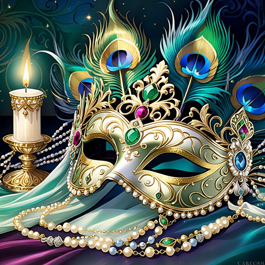  dreamscape (background):black silk cloak, topazes, rubies, emeralds, gold candlestick with white gold flame. ((the eye slits reflect the contours of the palaces and canals of venice1,9)). ((half mask columbine) a mask covering only part of the face. silver mask:with gold patterned ornamentation. colours:light green, blue, pearl cream, peacock feathers, gold and silver beads, gold leaf, gemstones, venetian lace, rhinestones, beads. (style):fantasy, renaissance, dream, mystery, mystery, dream, italy, venice, barcarolle, minestrel. . surreal, ethereal, dreamy, mysterious, fantasy, highly detailed