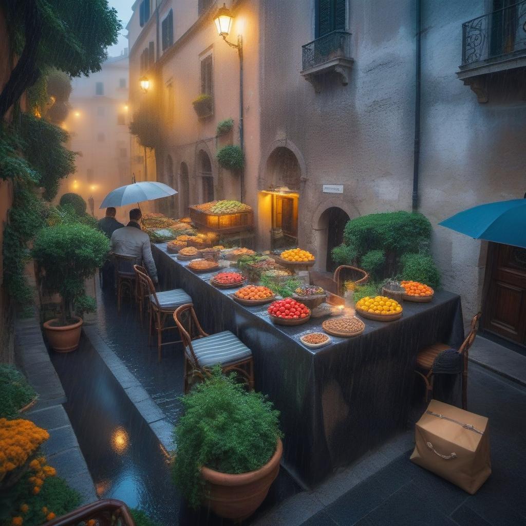  Rain in Rome, beautiful city landscape hyperrealistic, full body, detailed clothing, highly detailed, cinematic lighting, stunningly beautiful, intricate, sharp focus, f/1. 8, 85mm, (centered image composition), (professionally color graded), ((bright soft diffused light)), volumetric fog, trending on instagram, trending on tumblr, HDR 4K, 8K