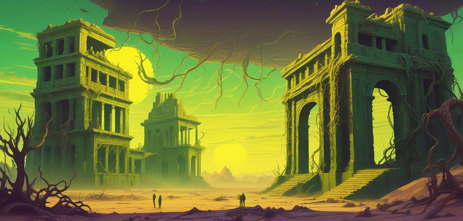  lovecraftian horror ancient ruins. the ruins wrap thick vines of green color. yellow sky. desert. synthwave art . eldritch, cosmic horror, unknown, mysterious, surreal, highly detailed