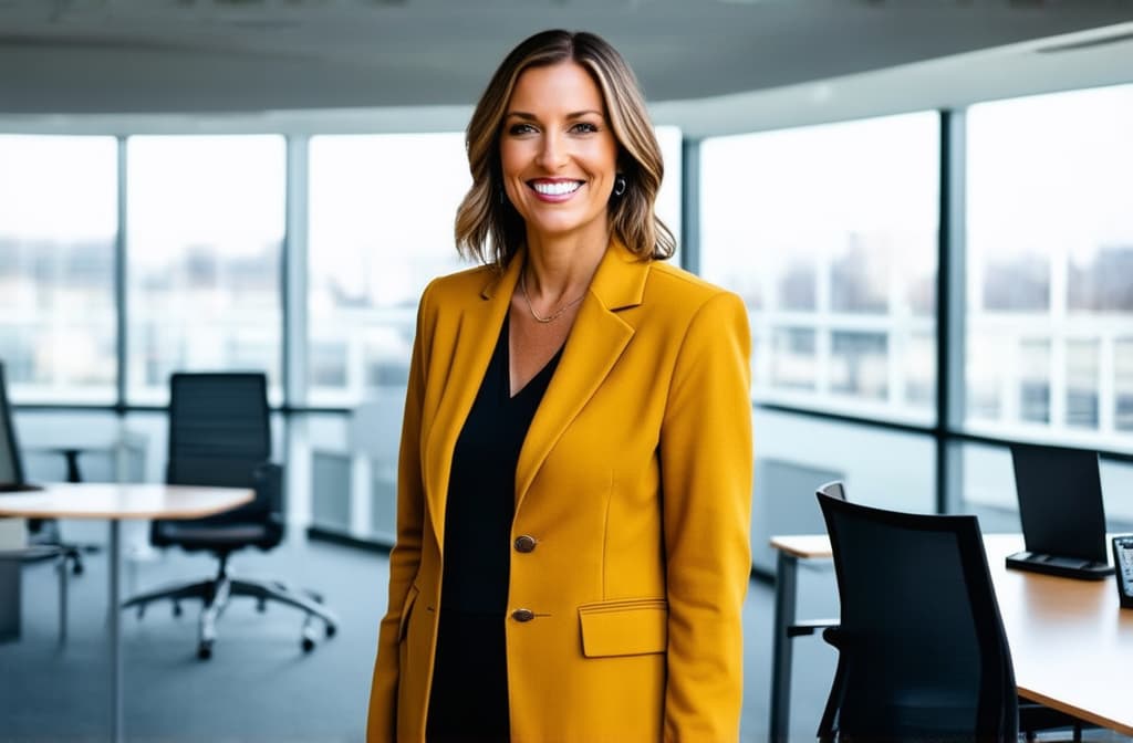  professional detailed photography, portrait of smiling businesswoman in mustard colored jacket standing in open plan office. happy female professional executive manager, financial banking or marketing data. ar 3:2, (muted colors, dim colors, soothing tones), (vsco:0.3)