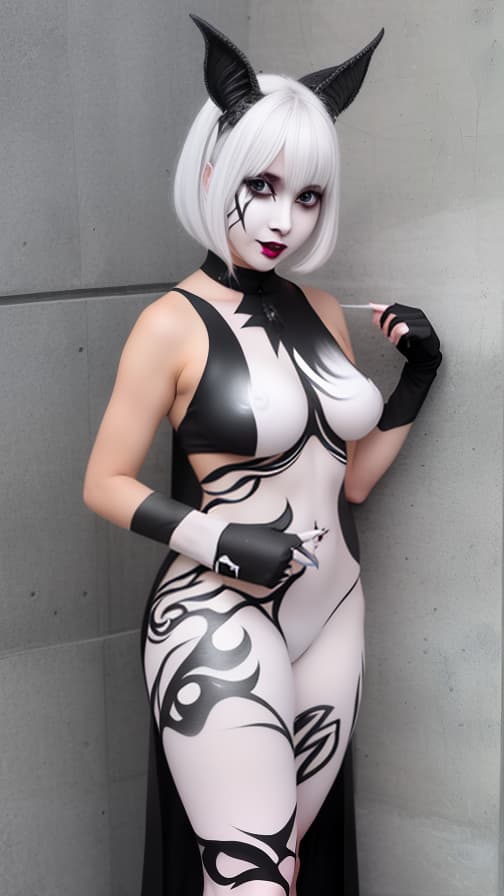  White flame pattern body paint in every corner of the whole body, BLACK body paint full body, grey face paint on the face, succubus sisters, full body image female