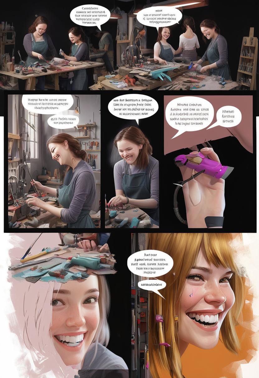  concept art lifehack, repair, women, workshop, smile . digital artwork, illustrative, painterly, matte painting, highly detailed