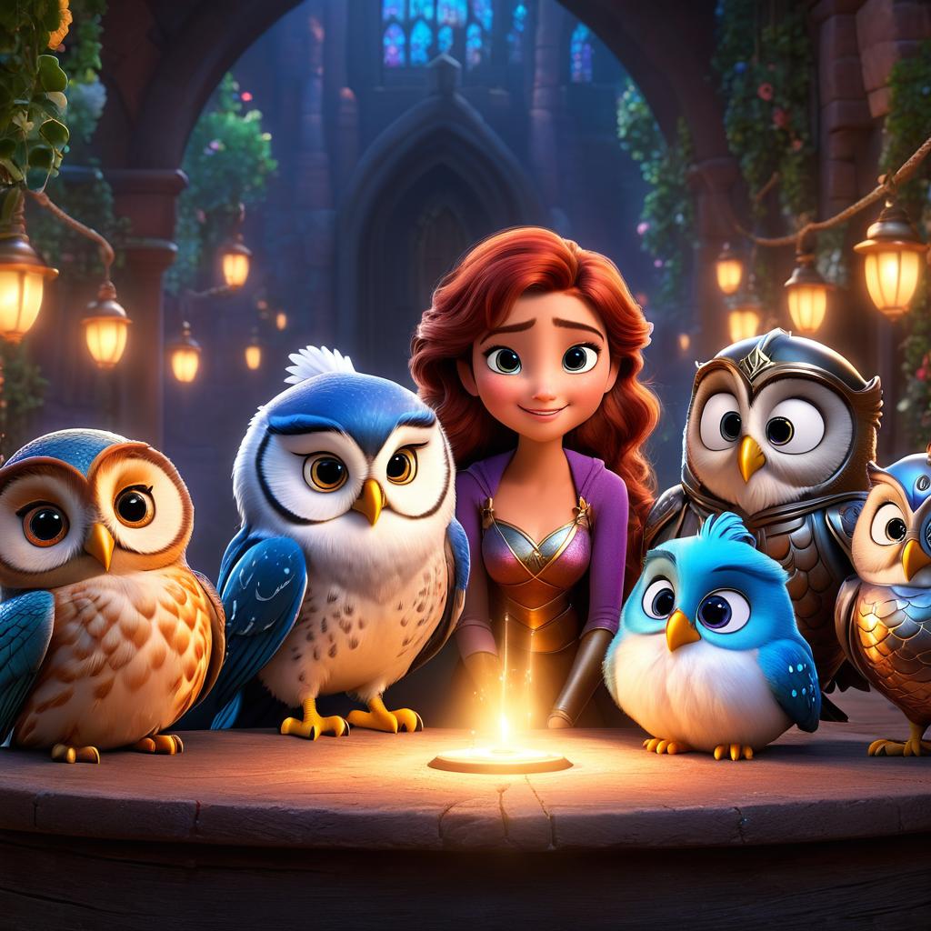  in 3d animated movie style. disney pixar style. hunain, a old in casual attire, and misty, a old mermaid, bobby the ve knight, a old in shiny armor, and luna the wise owl, timeless and mysterious, all bid farewell in a moment. high resolution pixar 3d animation, bright warm lights. heartwarming focus on emotional farewell between characters with top world background, creating nostalgic magic.