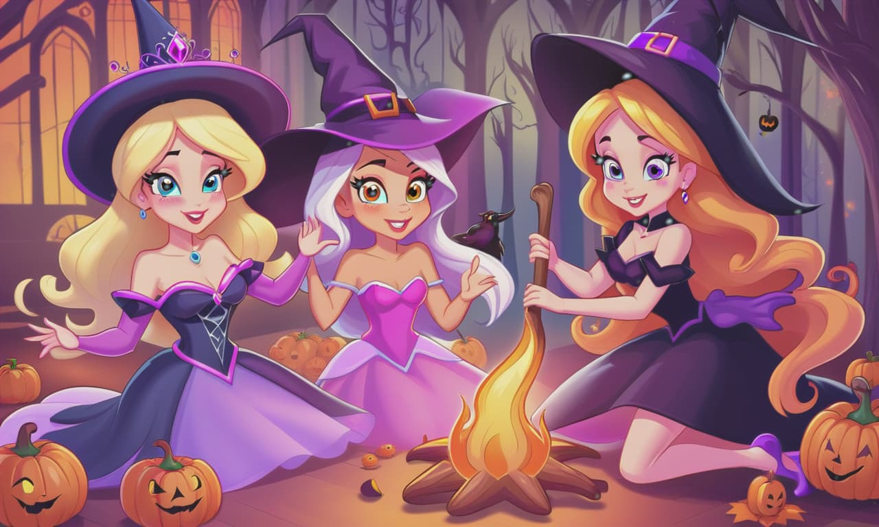  cartoon princesses playing with witches