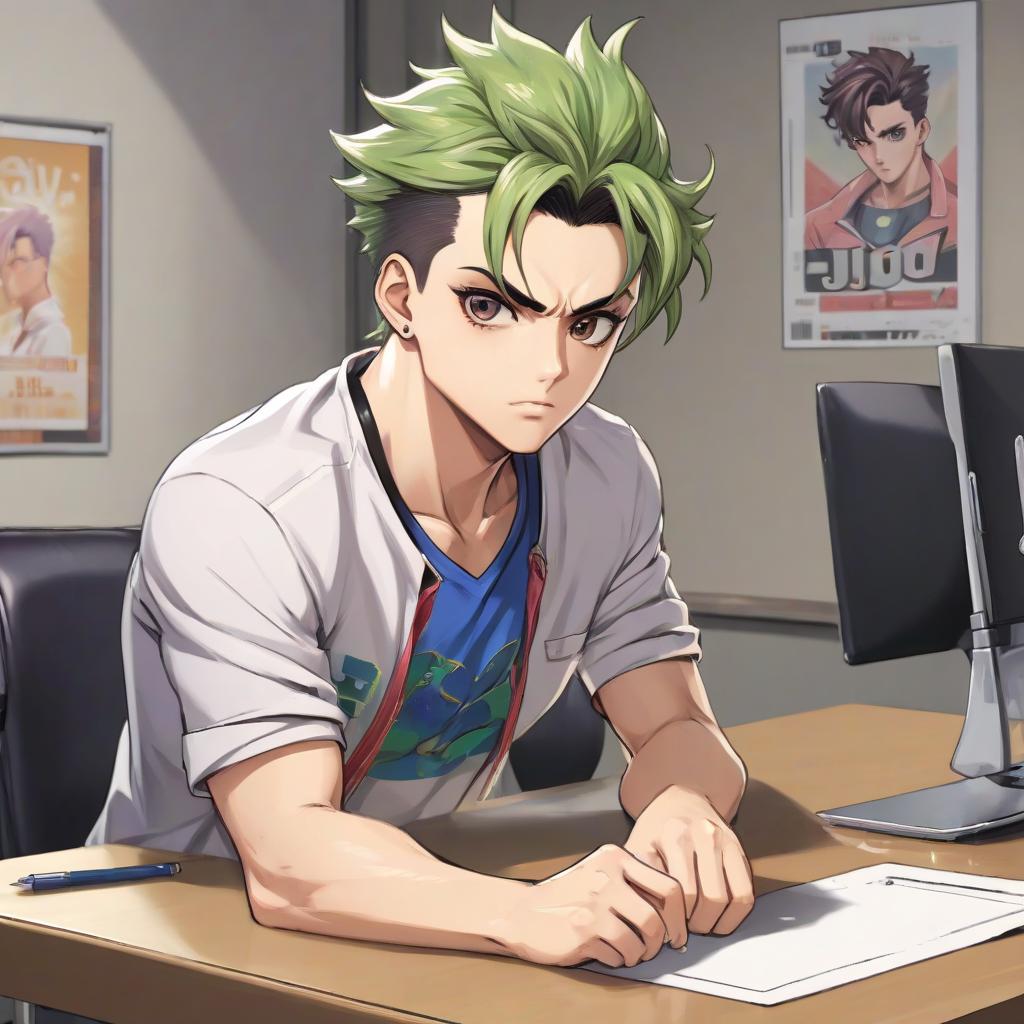  a student in joggers and a jojo manga style shirt stands leaning on a table holding a briefcase in his right hand with a hairstyle on the sides of a shaved forehead laid on the right side