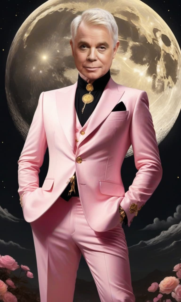  concept art pink, gold, black, white amid the huge golden moon of elton john . digital artwork, illustrative, painterly, matte painting, highly detailed, perfect hands