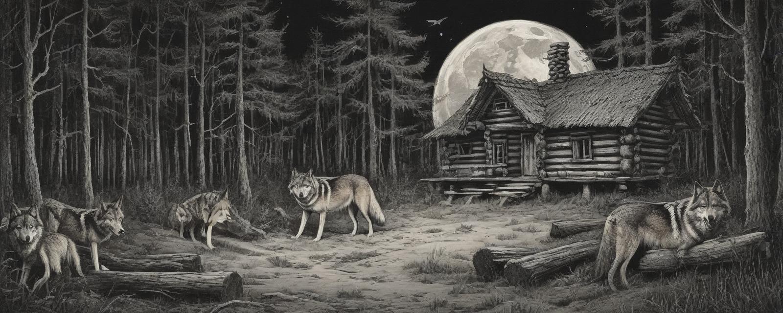  drawing. night, moon, old little log house surrounded by dense forest. in the foreground are wolves