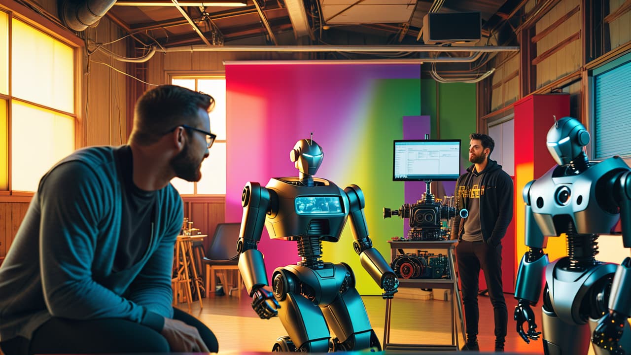  a vibrant scene of diverse students collaborating around a robot in a workshop, with tools and parts scattered around, showcasing enthusiasm and teamwork, under bright overhead lights and colorful posters of robots on the walls. hyperrealistic, full body, detailed clothing, highly detailed, cinematic lighting, stunningly beautiful, intricate, sharp focus, f/1. 8, 85mm, (centered image composition), (professionally color graded), ((bright soft diffused light)), volumetric fog, trending on instagram, trending on tumblr, HDR 4K, 8K