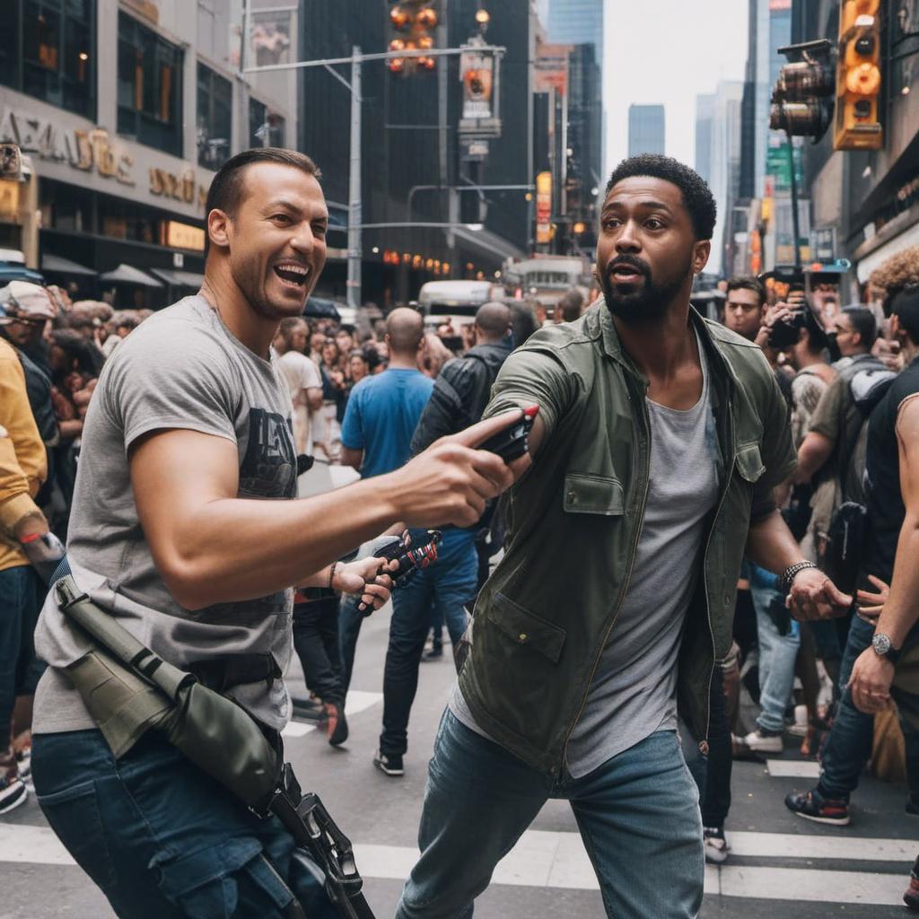  guy pointing gun at another guy on 53rd street , profile image style