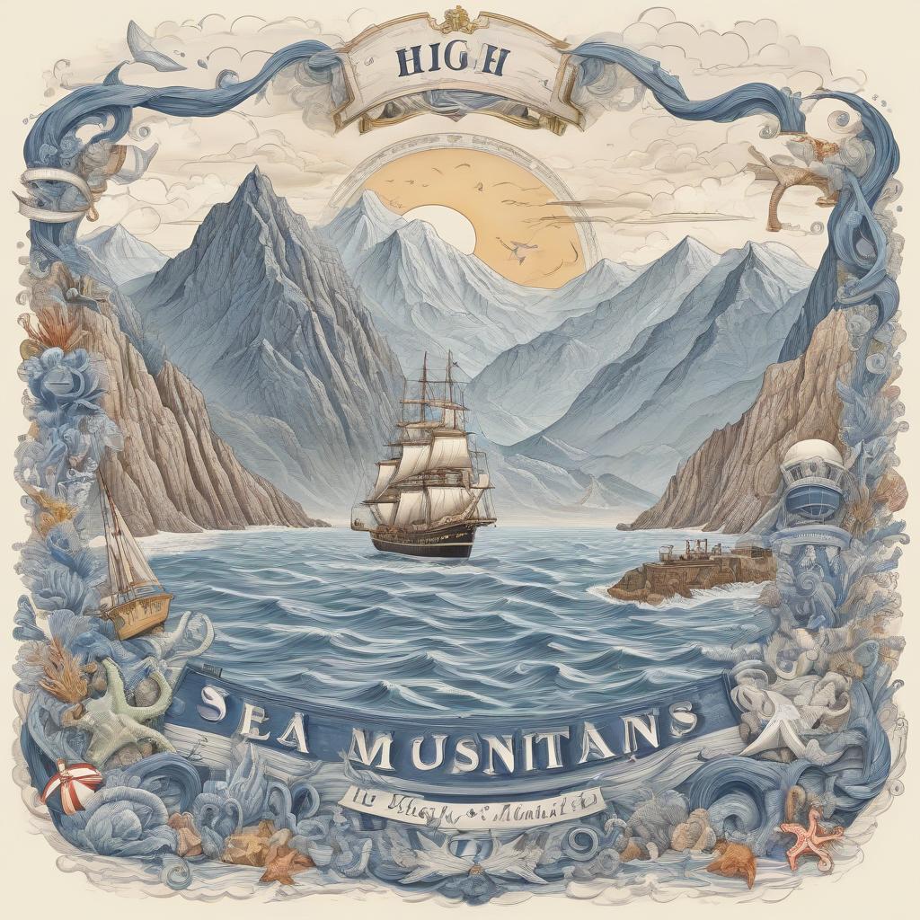  nautical themed inscription, high, mountains . sea, ocean, ships, maritime, beach, marine life, highly detailed