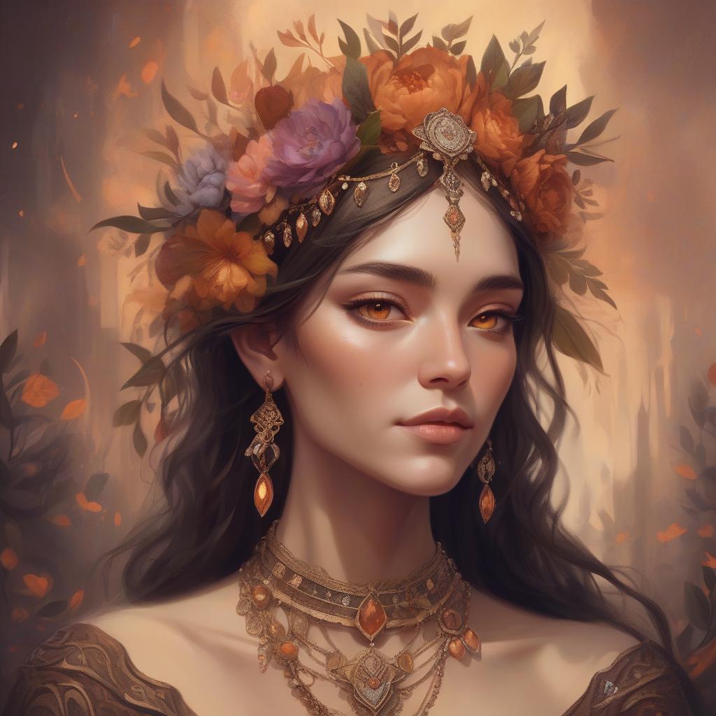  concept art a painting of a woman with a floral crown and intricate jewelry, featuring warm tones and a fantasy style. dark fantasy . digital artwork, illustrative, painterly, matte painting, highly detailed