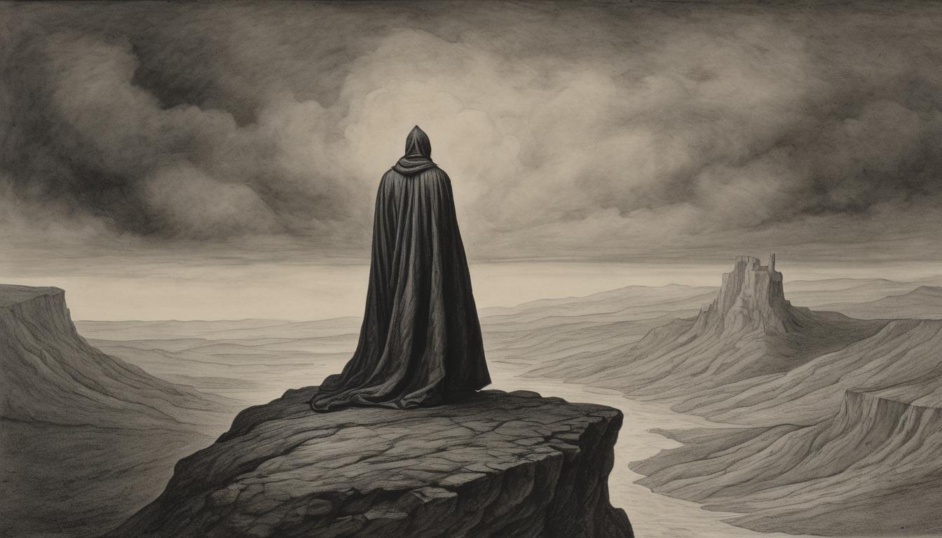  on parchment, surrealism++, a solitary figure standing on a rocky cliff under a dark, starless sky, cloak billowing in the wind, rugged terrain, sense of isolation, vast emptiness(mysterious, provocative, symbolic)++