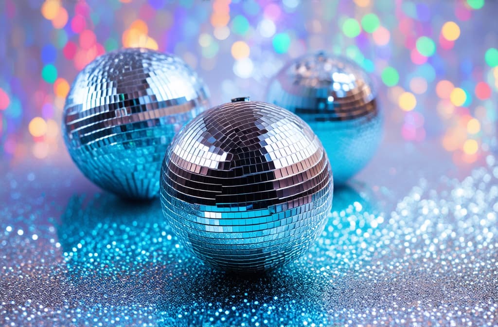  professional detailed photography, disco balls with silver confetti on iridescent background ar 3:2, (muted colors, dim colors, soothing tones), (vsco:0.3)