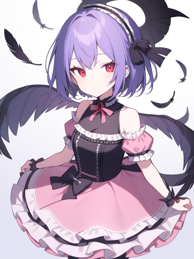  devil's black feather, pink dress, blue purple bob hair, lolita, short hair, red eye, girl