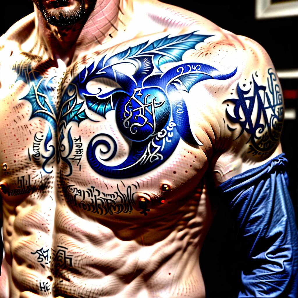  blue tattoo on shoulders and torso text in elvish, civitai