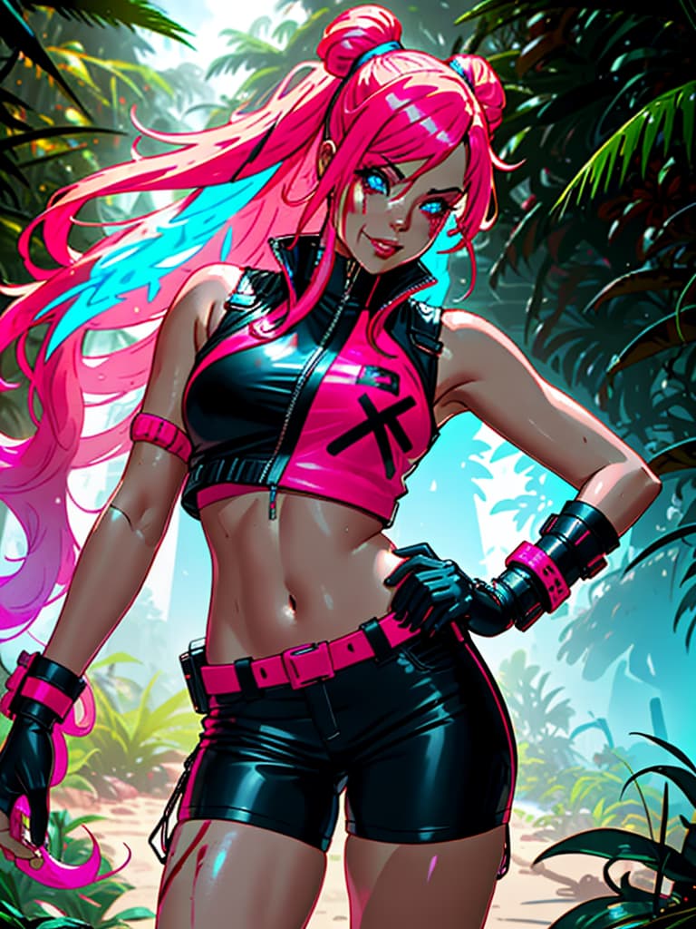  Futuristic female bounty hunter, red flowing, long hair, dressed in skin tight shorts and a sleeveless, leather flack vest; standing in a Columbian jungle outside a large villa...realistic neon pink and bright neon blue, with lots of blood dripping off face, grinning.