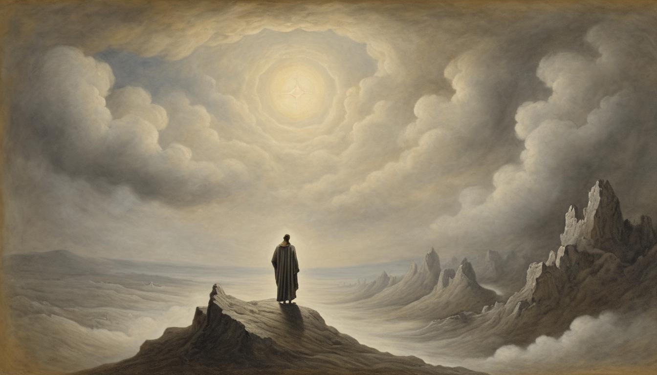  on parchment, surrealism++, divine light breaking through dense clouds, illuminating a lone figure(mysterious, provocative, symbolic)++