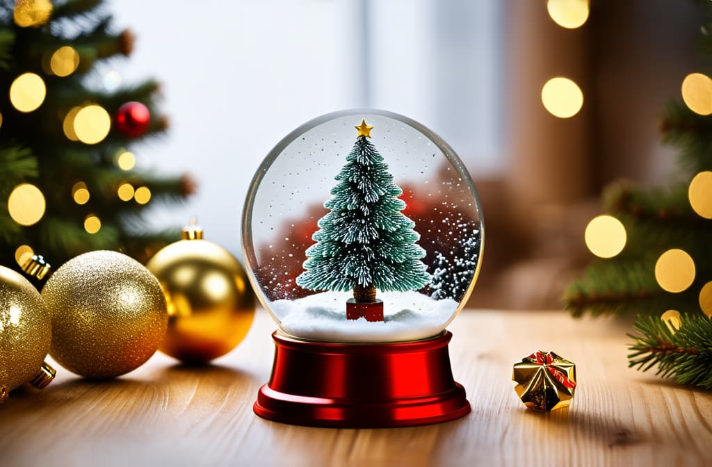  professional detailed photography, christmas snow globe with fir tree and golden decorations on wooden table. holiday background with bokeh lights. holiday decor. flat lay composition with copy space for design and print. ar 3:2, (muted colors, dim colors, soothing tones), (vsco:0.3)