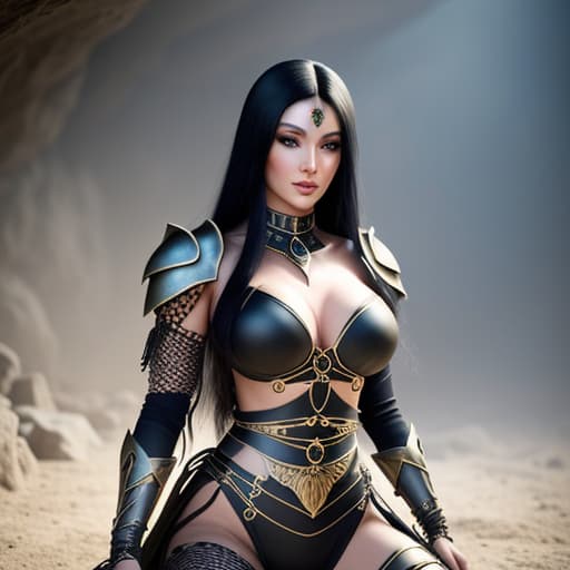  full length portrait of a beautiful sorceress with long black hair wearing metallic mesh bikini armour and chained by her wrists and ankles, kneeling defiantly in an undergrounds cavern hewn from solid rock. fantasy character in the style of boris vallejo. good skin, clear eyes, smart hair, soft focus, depth of field, 8k photo, hdr, professional lighting, taken with canon eos r5, 75mm lens, high angle shot hyperrealistic, full body, detailed clothing, highly detailed, cinematic lighting, stunningly beautiful, intricate, sharp focus, f/1. 8, 85mm, (centered image composition), (professionally color graded), ((bright soft diffused light)), volumetric fog, trending on instagram, trending on tumblr, HDR 4K, 8K