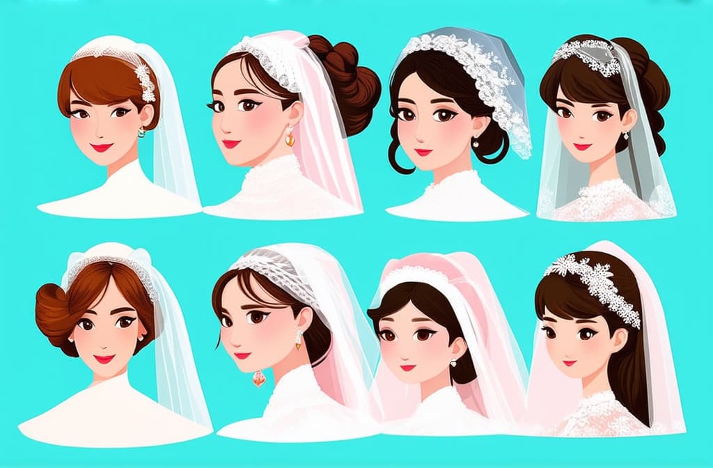  flat illustration, flaticon, (illustration:1.15), different beauty. set of different female heads in wedding veil. different races and nationalities. colored hand drawn illustration ar 3:2, [cory loftis, strobist, pascal campion :: 0.2]