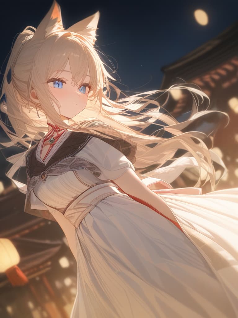  blond, blue eyes, night, big moon, shrine maiden, wolf ears, up, masterpiece, best quality,8k,ultra detailed,high resolution,an extremely delicate and beautiful,hyper detail