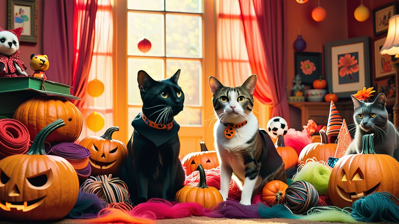  a lively scene of various pets in whimsical costumes, surrounded by colorful fabric swatches, sewing supplies, and playful decorations, showcasing a range of budgets and styles, creating an inviting atmosphere of halloween creativity. hyperrealistic, full body, detailed clothing, highly detailed, cinematic lighting, stunningly beautiful, intricate, sharp focus, f/1. 8, 85mm, (centered image composition), (professionally color graded), ((bright soft diffused light)), volumetric fog, trending on instagram, trending on tumblr, HDR 4K, 8K