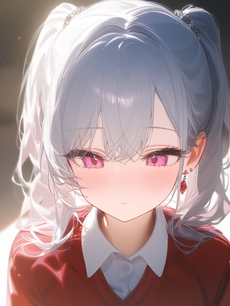  girls, ponytails, silver hair, jit, sleepy eyes, uniforms, high school students, earrings, pink pink eyes, dark red uniforms, deep red school, face facing diagonally., masterpiece, best quality,8k,ultra detailed,high resolution,an extremely delicate and beautiful,hyper detail