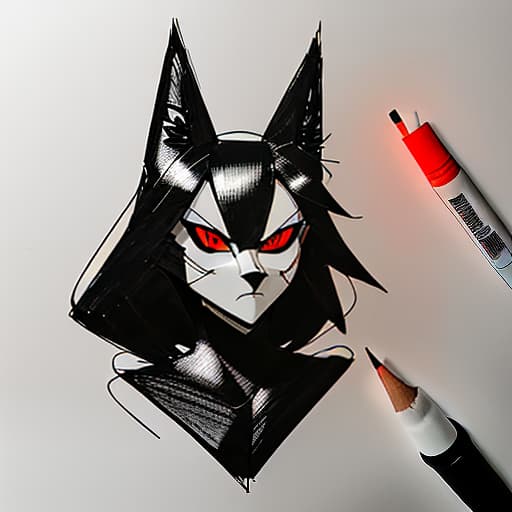  logo, [black fox head], built from lines 3d, regular geometric shapes, symmetry, black and white style, minimalism, horror style, red eyes, pencil drawing, black and white, b&w, low detail, sketch, concept art, manga style, anime style, line art, webtoon, manhua, chalk, hand drawn, defined lines, simple shades, simplistic, manga page, minimalistic