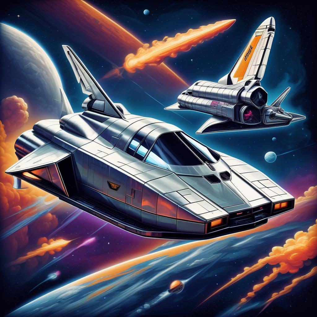  retro game art the space shuttle looks like a lamborghini countach, silver color, in the styles of futurism, dieselpunk and steampunk. . 16 bit, vibrant colors, pixelated, nostalgic, charming, fun