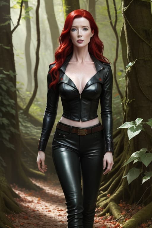  Bridget Regan with straight red hair, ((green eyes)),topless, ((breasts)) , black leather pants, ivy leaves, leaves in hair, hippie, in the woods