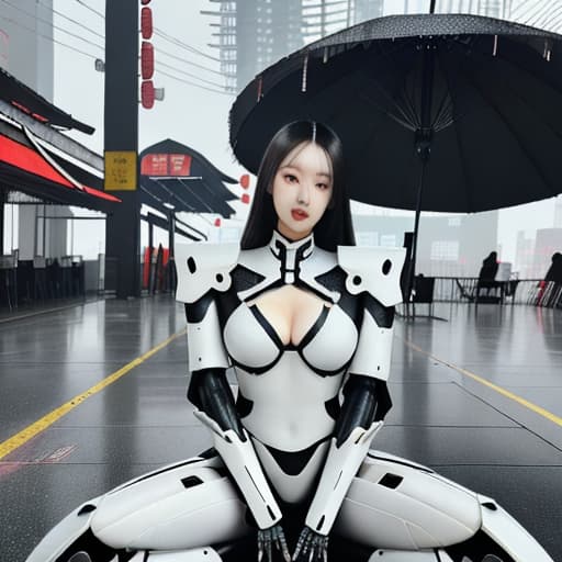  beautiful chinese girl wearing white and black mecha armor, full body photo with long hair, sitting on the ground holding an umbrella in her hand, in the style of cyberpunk, with a futuristic robot design and mecha armor details, chest to waist ratio of 3/4, full body photo, in the style of cyberpunk.