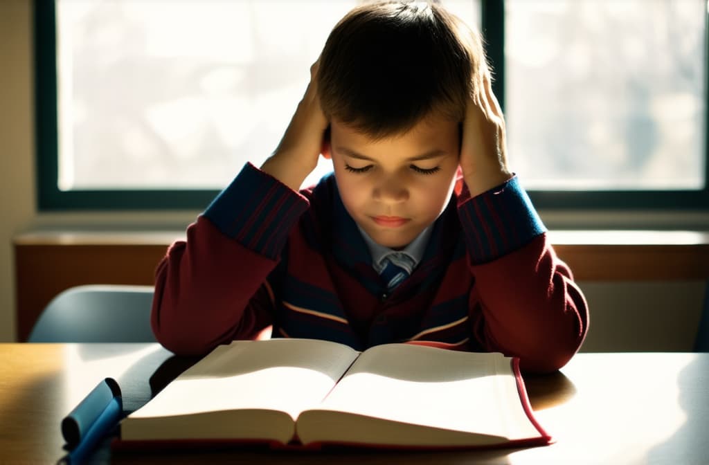  cinematic film style, a primary school child sits at a table in front of a notebook and holds his head, tired of studying ar 3:2, shallow depth of field, vignette, maximum details, high budget hollywood movie, bokeh, cinemascope, moody, epic, gorgeous, sun rays and shadows on furniture and surfaces, flattering light, raw photo, photography, photorealistic, 8k resolution, f1.4, sharpened focus, sharp focus