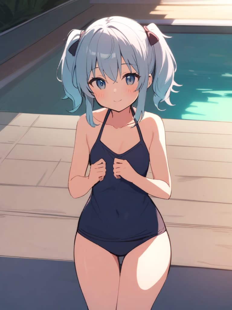  women's elementary students (male), twin tails, cute smiles, (rich s), short stature, dark blue swimwear, old swimwear, swimwear, simple, male (upward), (swelling), clear shape. , front, whole body, pool side,