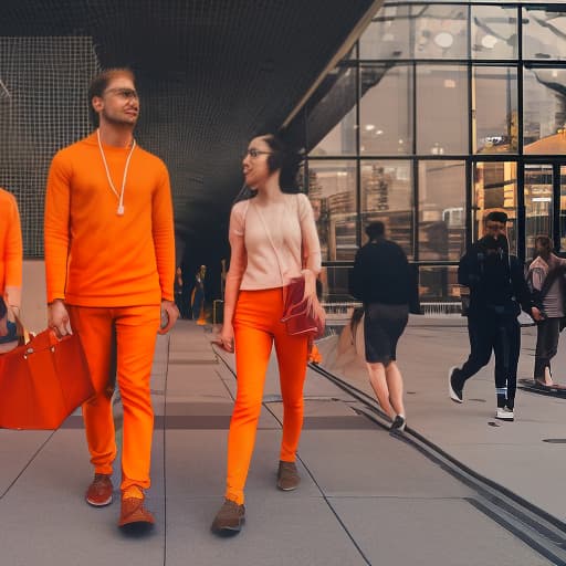 dvarchmodern city of the future people in headphones in orange clothes