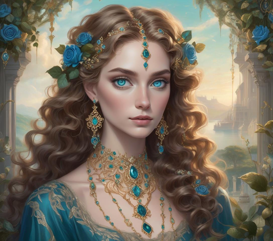  a fantastical portrait of a woman with wavy hair, adorned with jewelry, set against a floral and landscape backdrop. a whimsical, fantasy themed portrait of a young woman with fair skin and large, captivating blue eyes. her long, voluminous wavy hair cascades over her shoulders in shades of chestnut accented with deep gray undertones. she wears an intricate, baroque style headpiece adorned with teal blue roses, emerald green leaves, and delicate gold embellishments, complementing her ornate teal and gold chandelier earrings and matching necklace, both encrusted with sapphires and emeralds. the woman's expression is serene yet enigmatic, with a slight tilt of her head, as she rests her chin gracefully on her upraised right hand. her left a