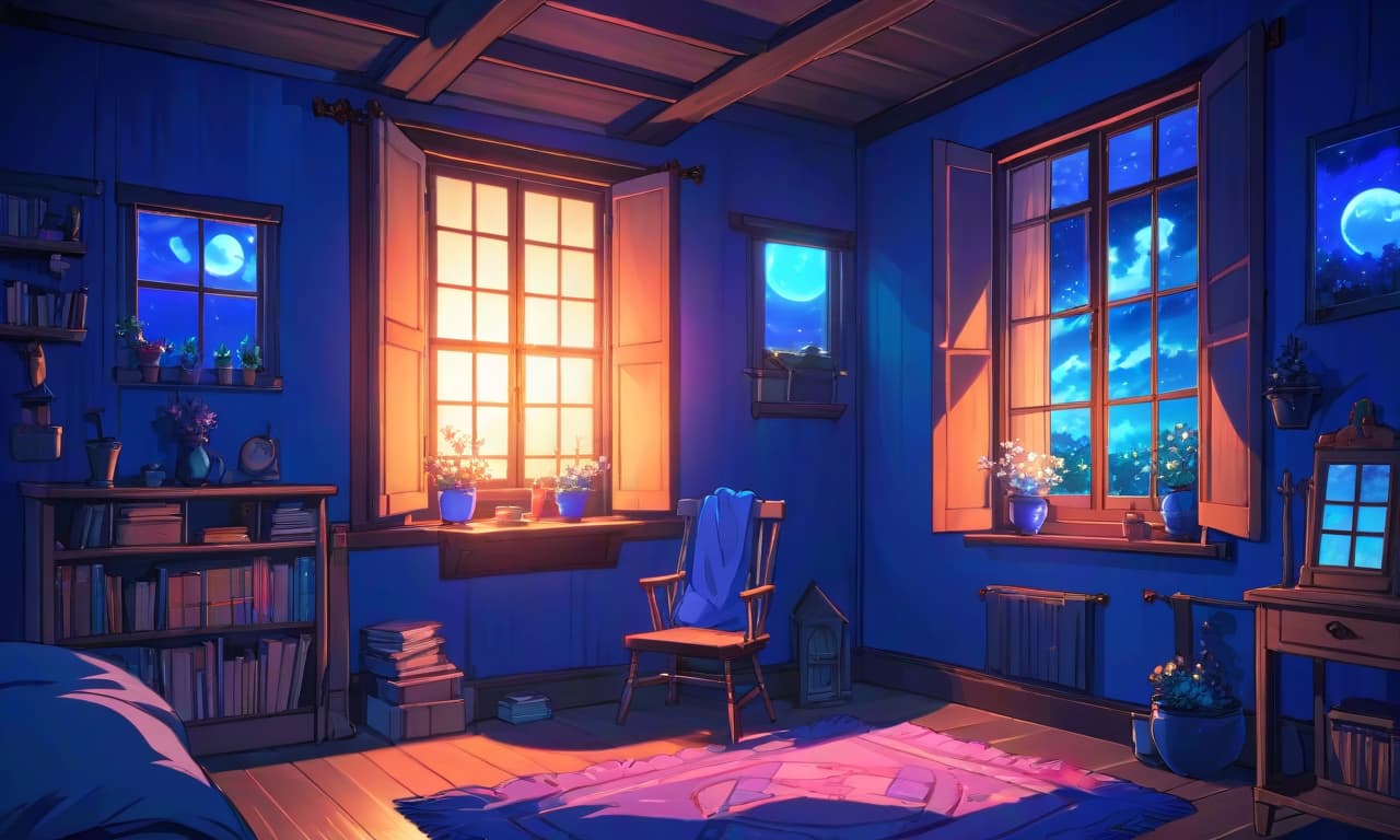  anime artwork night window at the witch's house. gloomy atmosphere. blue hues . anime style, key visual, vibrant, studio anime, highly detailed