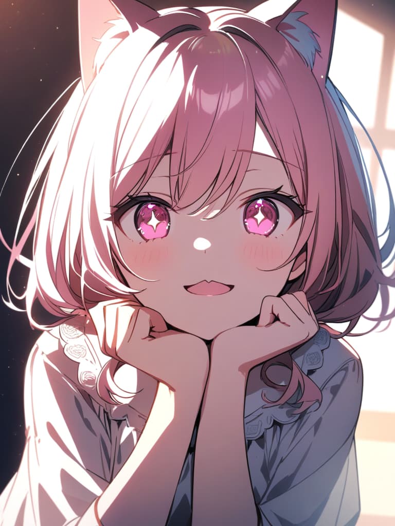  ((beautiful,pretty girl,cat ears,bun hair,cute,sparkly eyes,pink eyes,omega shaped mouth,bob hair,cat ears,pink hair,resting chin on hand))、ultra detailed,best shadow,cute and beautiful face,(masterpiece:1.2),(best quality:1.2),detailed background,high contrast,(best illumination,an extremely delicate and beautiful),((cinematic light)),hyper detail,dramatic light,intricate details,8k,anime,very aesthetic