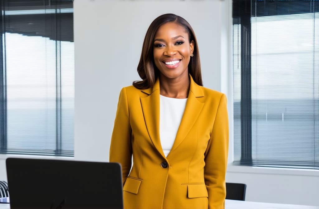  professional detailed photography, portrait of smiling businesswoman in mustard colored jacket standing in open plan office. happy female professional executive manager, financial banking or marketing data. ar 3:2, (muted colors, dim colors, soothing tones), (vsco:0.3)