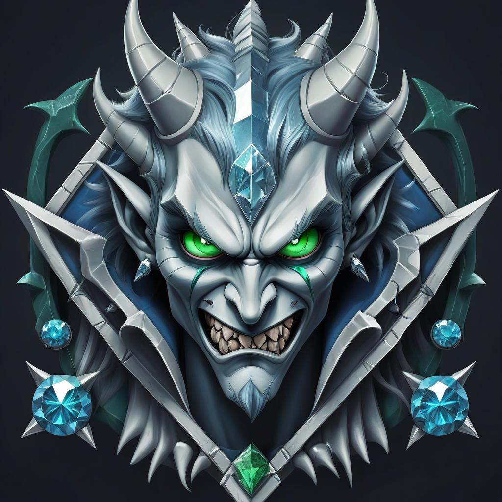  diamond devil, portrait. dark green eyes, man. hair gray. with fangs and horns. colors blue, blue, silver