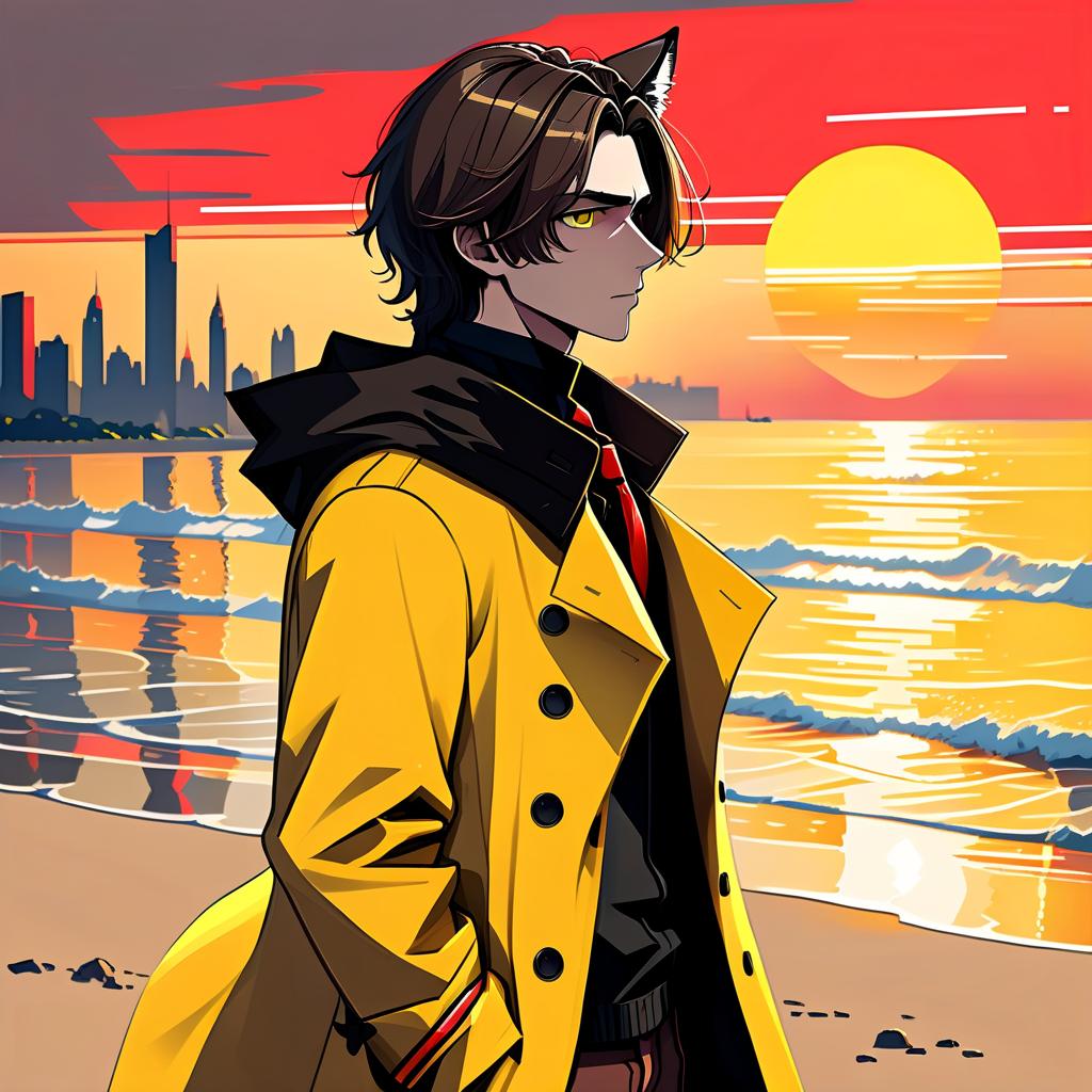  architectural style a young man stands on the beach. he has long dark brown hair that gently falls on his shoulders, from cat ears, and his face, with jewish and slavic features, exudes calmness with brown eyes. he is dressed in a bright yellow coat that immediately attracts attention and contrasts with the surrounding landscape. under the coat is a black shirt, and black pants are additionally decorated with yellow elements, creating a harmonious and stylish image. the sun sets over the horizon, shrouding everything around in red shades, and bright red stripes lie on the surroundings contrasting with the darkness and creating a magical atmosphere. . clean lines, geometric shapes, minimalist, modern, architectural drawing, highly detailed