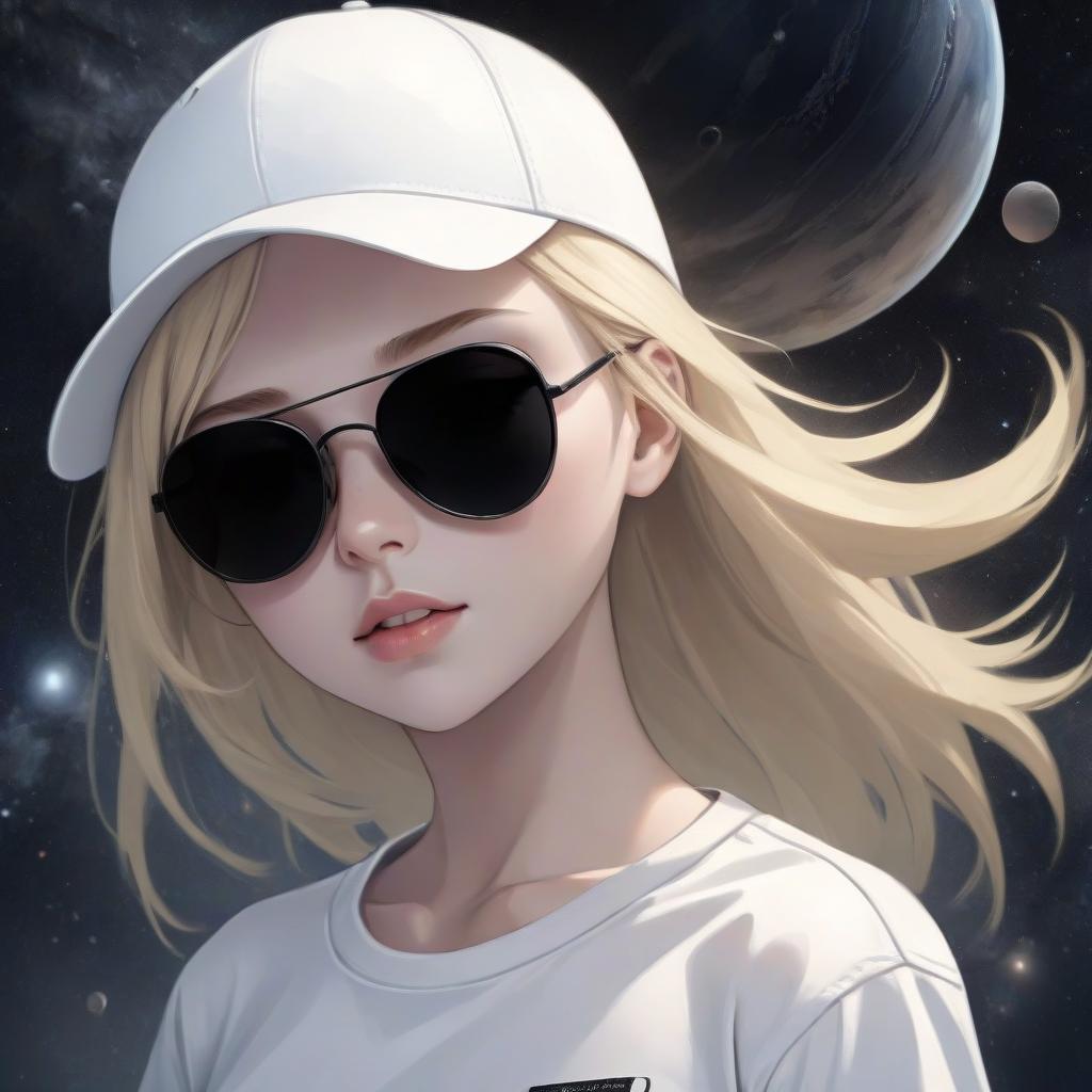  blonde girl in a white t shirt, dark sunglasses and a white cap, space