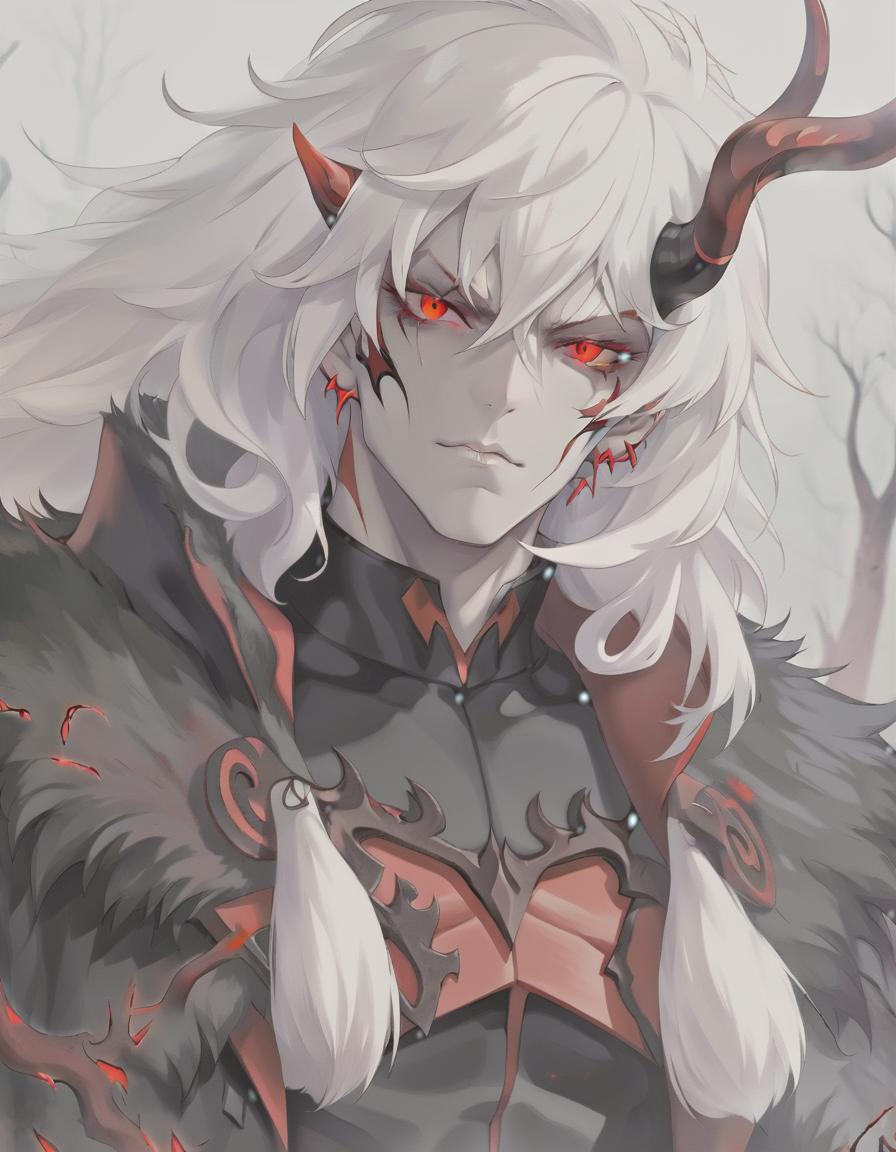  man demon, white skin. red eyes, white hair, red horns, black fur coat, dense forest in the background