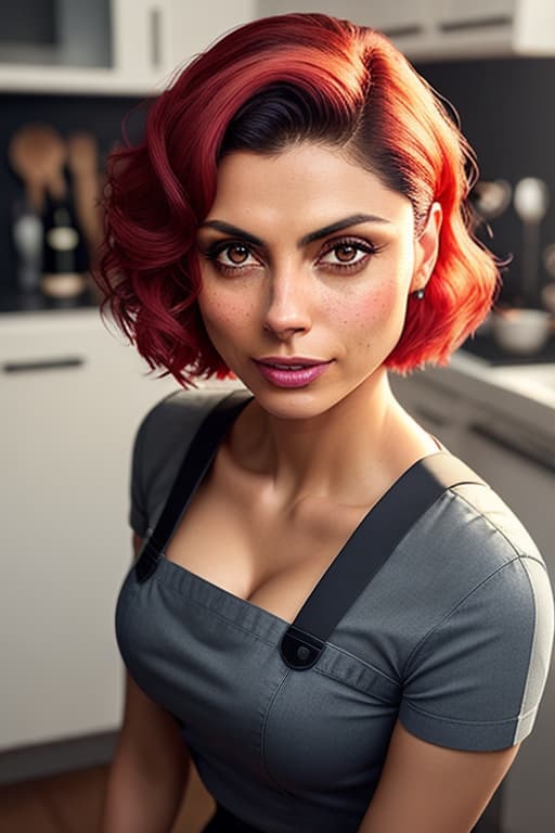  a closeup portrait of playful Morena Baccarin, undercut hair, apron, amazing body, soft skin, pronounced feminine feature, busty, kitchen, [ash blonde | ginger | pink hair], freckles, flirting with camera hyperrealistic, full body, detailed clothing, highly detailed, cinematic lighting, stunningly beautiful, intricate, sharp focus, f/1. 8, 85mm, (centered image composition), (professionally color graded), ((bright soft diffused light)), volumetric fog, trending on instagram, trending on tumblr, HDR 4K, 8K