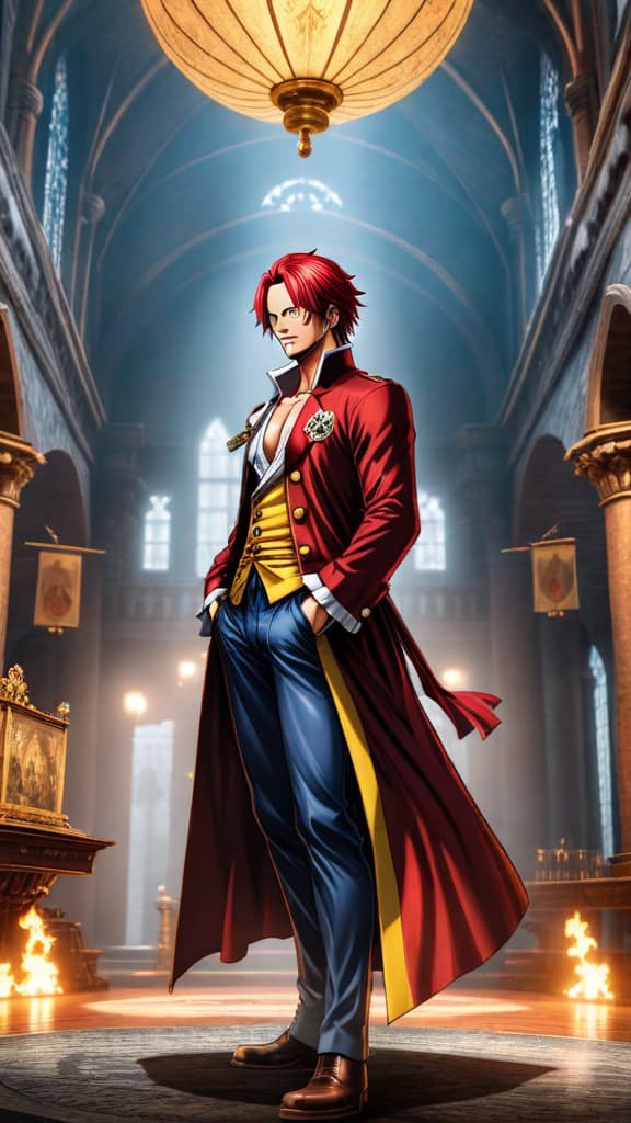  shanks from one piece standing confidently in the grand chambers of the gorosei, anime art hyperrealistic, full body, detailed clothing, highly detailed, cinematic lighting, stunningly beautiful, intricate, sharp focus, f/1. 8, 85mm, (centered image composition), (professionally color graded), ((bright soft diffused light)), volumetric fog, trending on instagram, trending on tumblr, HDR 4K, 8K