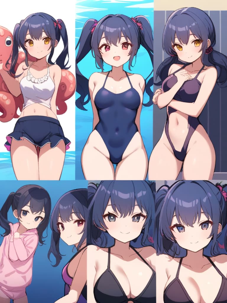  women's elementary students, twin tails, cute smiles, rich s, low stages, dark blue swimwear, old swimwear, swimwear, simple, male, shaped pulp, shaped area, shaped crisp phimosis,, octopus, male bulge, front, front, front. the whole body, pool side,