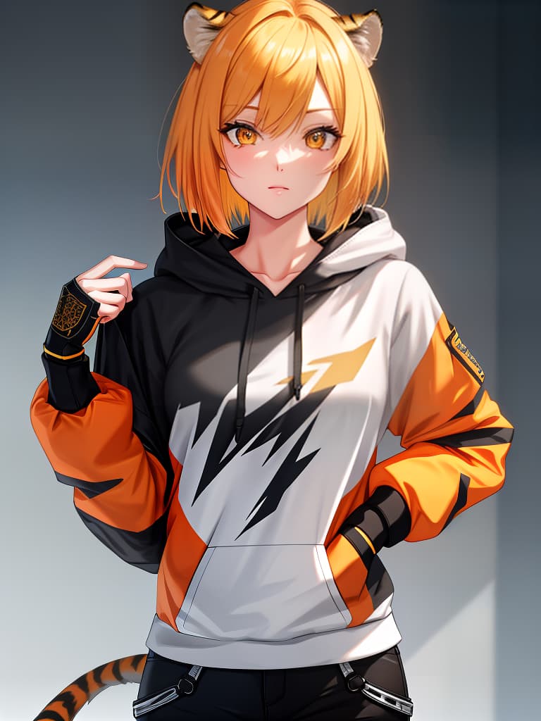  short bob, boyish, hoodie, upper body only, skinny pants, orange eye, woman, tiger, blonde, diagonal downward angle, masterpiece, best quality,8k,ultra detailed,high resolution,an extremely delicate and beautiful,hyper detail hyperrealistic, full body, detailed clothing, highly detailed, cinematic lighting, stunningly beautiful, intricate, sharp focus, f/1. 8, 85mm, (centered image composition), (professionally color graded), ((bright soft diffused light)), volumetric fog, trending on instagram, trending on tumblr, HDR 4K, 8K