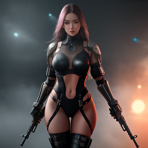  a girl in a transparent penjure with a machine gun at a crossroads hyperrealistic, full body, detailed clothing, highly detailed, cinematic lighting, stunningly beautiful, intricate, sharp focus, f/1. 8, 85mm, (centered image composition), (professionally color graded), ((bright soft diffused light)), volumetric fog, trending on instagram, trending on tumblr, HDR 4K, 8K