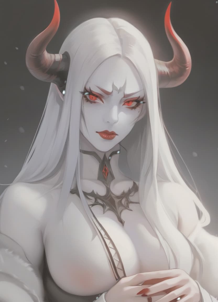  demon woman, red horns, red eyes, black long hair, winter clothes