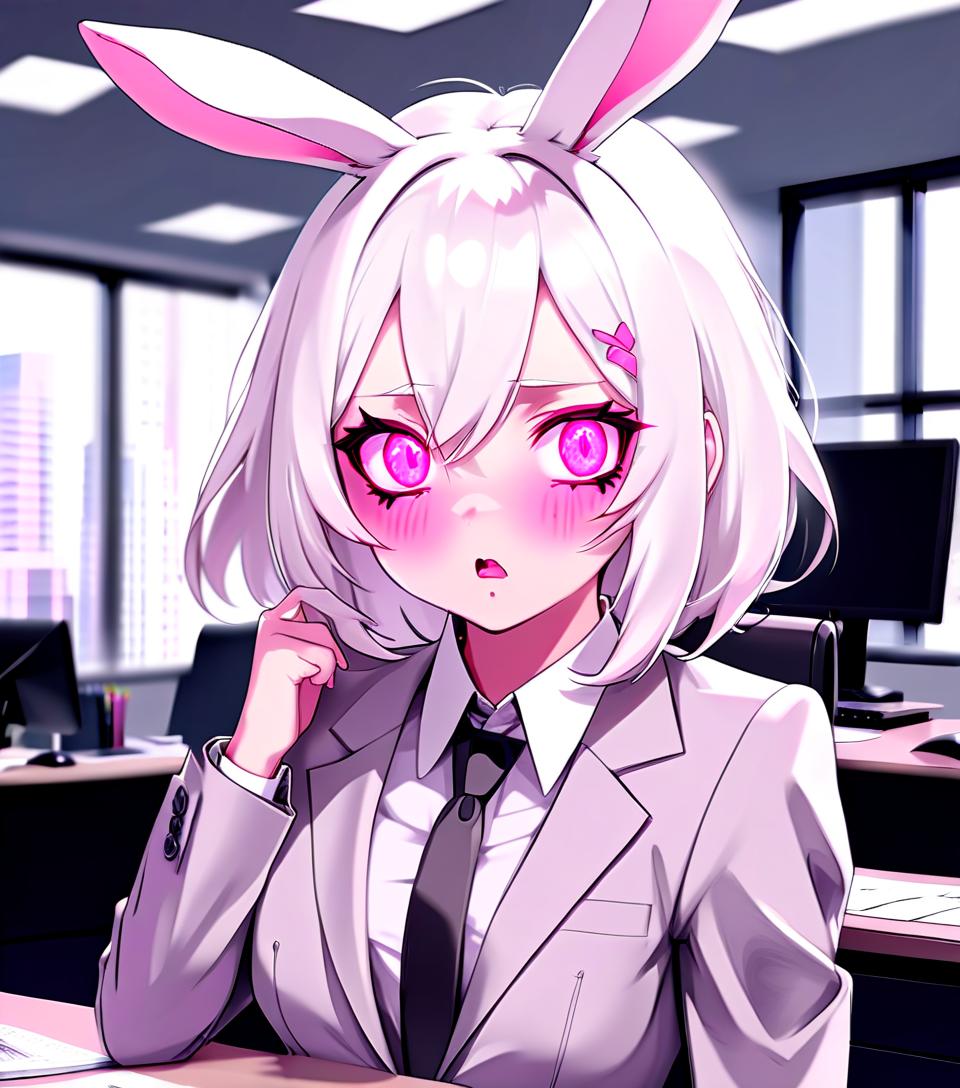  looking straight ahead, bunny girl, in a formal suit, pink eyes, white hair, a confused face, 24 age, in the office